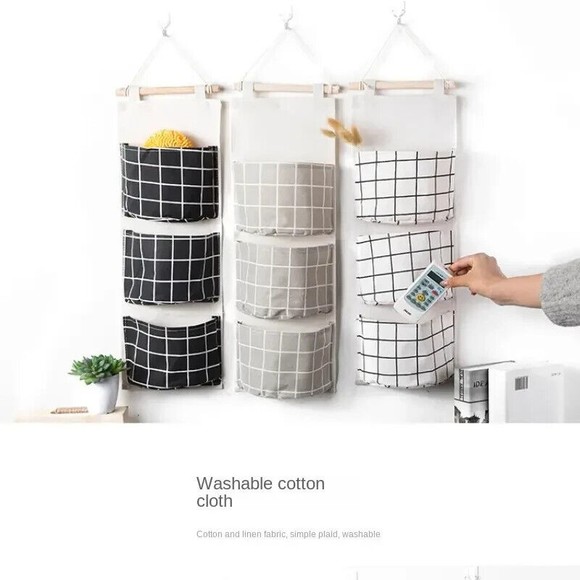 Fabric Three Pocket Wall Mounted Storage Hanging Gray White Square Portable - Picture 2 of 3